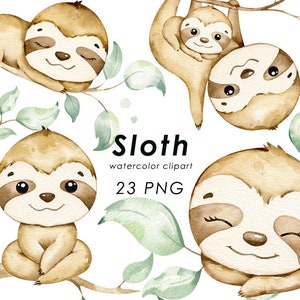 Sloth watercolor clipart, cute sloths clip art, tropical animals, nursery decor, baby shower