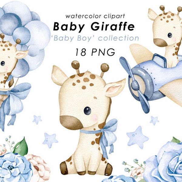 Baby giraffe watercolor clipart, baby boy clip art, nursery wall decor, animal pilot png, baby shower