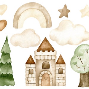 May include: Watercolor illustration of a fairytale castle with brown and white stone walls, a brown roof, and a heart-shaped door. The castle is surrounded by green trees, brown clouds, a rainbow, and stars.