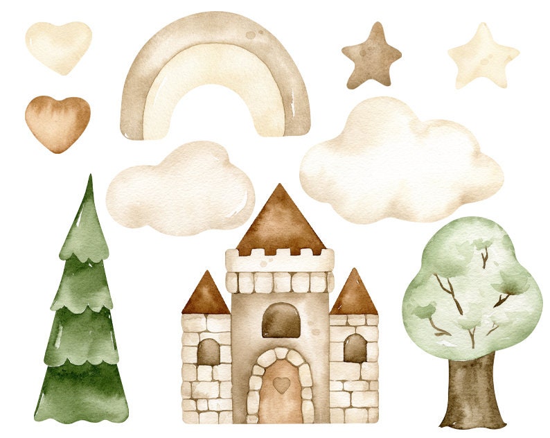 May include: Watercolor illustration of a fairytale castle with brown and white stone walls, a brown roof, and a heart-shaped door. The castle is surrounded by green trees, brown clouds, a rainbow, and stars.