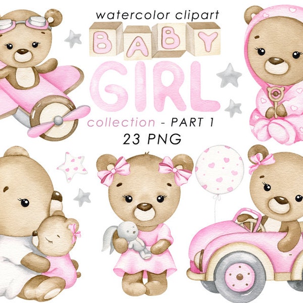 Teddy bear watercolor clipart, baby girl clip art, nursery decor, baby shower, its a girl, pink bear PNG