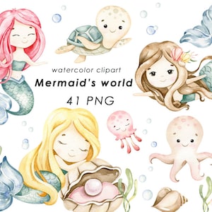 Clipart aquarelle de sirène, sirènes mignonnes PNG, animaux sous-marins, art mural bébé fille, décor de pépinière