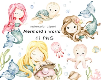 Mermaid watercolor clipart, cute mermaids PNG, undersea animals, baby girl wall art, nursery decor