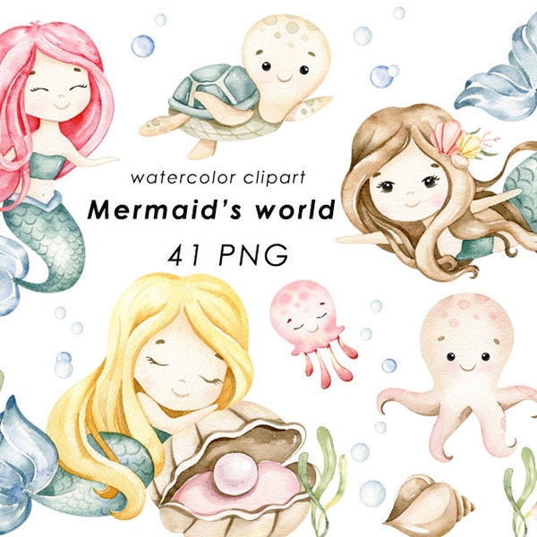Zeemeermin aquarel clipart, schattige zeemeerminnen PNG, onderzeese dieren, baby meisje kunst aan de muur, kinderkamer decor