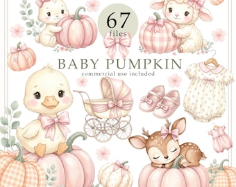 Pink Coquette Animal Clipart, Pumpkin Baby Clipart, Fall Baby Shower Clipart Bundle, Nursery decor, Commercial use