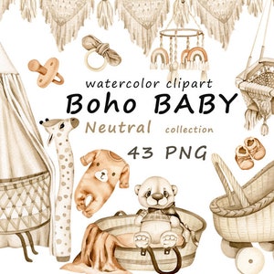 Aquarel boho baby clipart, pasgeboren illustraties, kinderdagverblijf decor, neutrale babyshower, PNG, digitale download