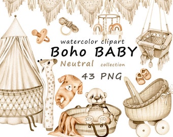 Aquarelle boho baby clipart, clip art nouveau-né, décor de crèche, baby shower neutre, PNG, téléchargement numérique