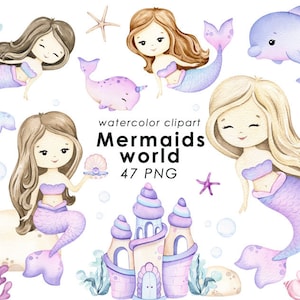 Niedliche Meerjungfrau Aquarell Clipart, kleine Meerjungfrau Clip Art, Kinderzimmer Dekor, Baby Mädchen Wand Kunst, Meerestiere png, Regenbogen Schloss