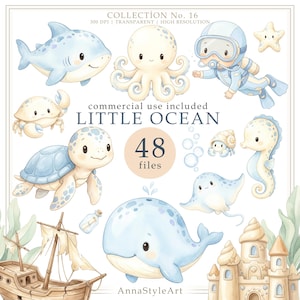 Pode incluir: Uma coleção digital de 48 ilustrações em aquarela com tema oceânico, incluindo um tubarão, polvo, mergulhador, estrela-do-mar, caranguejo, tartaruga, caranguejo-eremita, cavalo-marinho, raia, baleia, mensagem na garrafa e um castelo de areia.