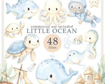 Undersea clipart, Watercolor ocean animals, Octopus, Whale, Jellyfish, Sea life baby shower, Nursery Decor, Commercial Use