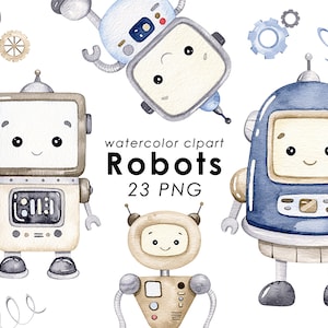 Könnte beinhalten: Aquarell-Clipart mit mehreren niedlichen Robotern in verschiedenen Farben, darunter Blau, Beige und Grau. Die Roboter haben freundliche Gesichter und werden von Zahnrädern und anderen mechanischen Elementen begleitet. Der Text "Robots 23 PNG" ist ebenfalls enthalten.