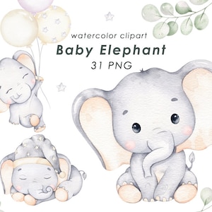 Elefant Aquarell Clipart, kleines schlafendes Tier, Kinderzimmer Dekor, Baby Wandkunst, Baby Shower