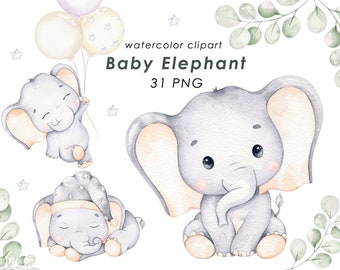 Elehpant watercolor clipart, little sleeping animal, nursery decor, baby wall art, baby shower