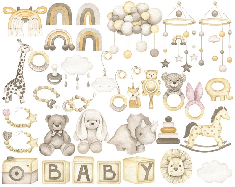 Watercolor baby toys clipart boho baby shower newborn kids | Etsy