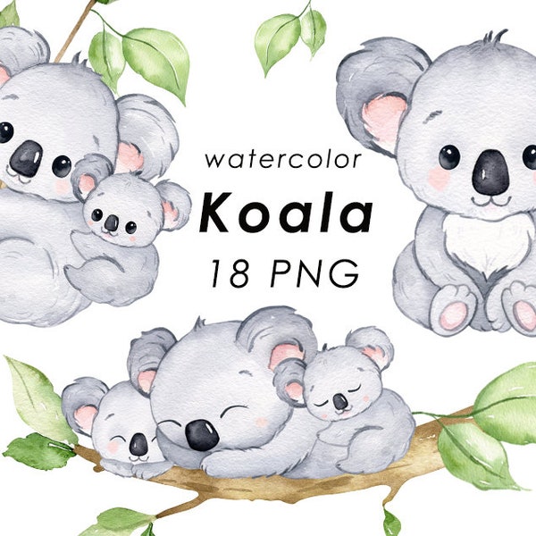 Koala watercolor clipart, cute koala png, nursery decor, baby shower