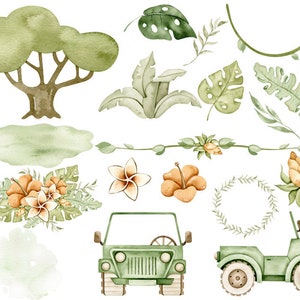 May include: Watercolor illustrations of jungle foliage, flowers, and two green jeep vehicles. The set includes a large tree, a wreath, a vine border, and various tropical leaves and flowers.