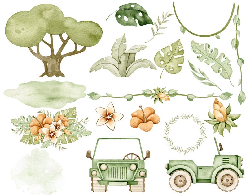 May include: Watercolor illustrations of jungle foliage, flowers, and two green jeep vehicles. The set includes a large tree, a wreath, a vine border, and various tropical leaves and flowers.