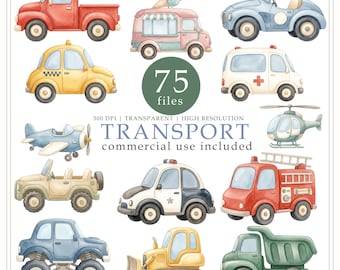 Cute Transport clipart, Construction Vehicle PNG, watercolor car bundle, Nursery decor, Commercial use