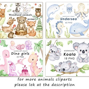 May include: A set of four watercolor clipart images featuring woodland animals, undersea creatures, dinosaur girls, and koalas. Each image includes the text "watercolor clipart" and the name of the animal group, along with the number of PNG files included.