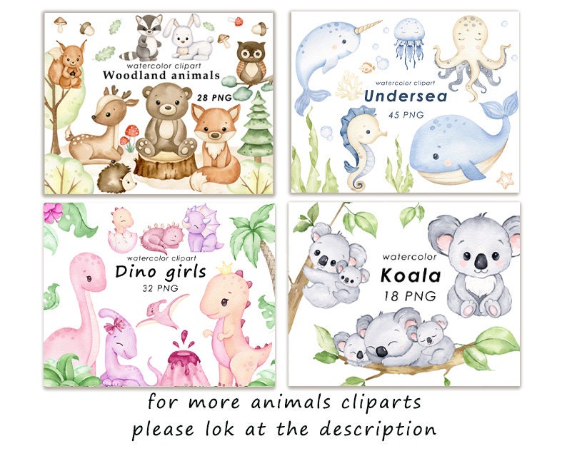 May include: A set of four watercolor clipart images featuring woodland animals, undersea creatures, dinosaur girls, and koalas. Each image includes the text "watercolor clipart" and the name of the animal group, along with the number of PNG files included.