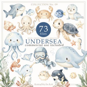 Op de afbeelding: Een digitale collectie van 73 onderwater-aquarelillustraties met een haai, krab, octopus, zeeschildpad, kwal, narwal, walvis, orka en een duiker. De tekst bevat Collection No. 09, 73 files, Undersea, commercial use included en AnnaStyleArt.