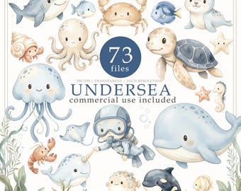 Watercolor Undersea Animals Clipart, Ocen animals clip art, Nursery decor, Baby Shower, Commercial Use