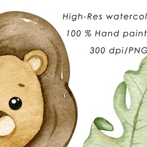 May include: A watercolor illustration of a lion's face with brown fur and a light brown nose. The lion's face is surrounded by a green leaf. The text "High-Res watercolors 100% Hand painted 300 dpi/PNG" is visible in the background.