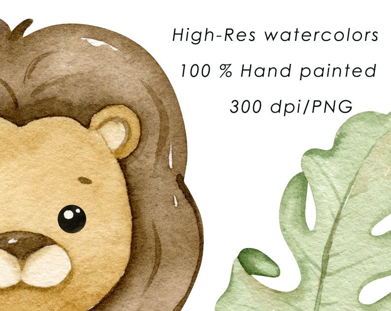 May include: A watercolor illustration of a lion's face with brown fur and a light brown nose. The lion's face is surrounded by a green leaf. The text "High-Res watercolors 100% Hand painted 300 dpi/PNG" is visible in the background.