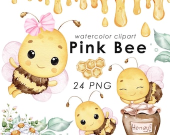 Pink Bee aquarel clipart, baby bij illustraties, kinderdagverblijf inrichting, babyshower, baby kunst aan de muur