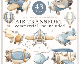 Air transport watercolor clipart, airplane clip art, nursery decor, baby boy wall art, helicopter, hot air balloon PNG, COMMERCİAL USE