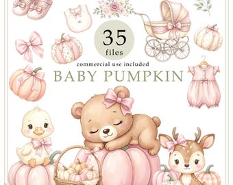 Pink Coquette Animal Clipart, Pumpkin Baby Clipart, Fall Baby Shower Clipart Bundle, Nursery decor, Commercial use