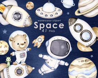 Space watercolor clipart, cute astronaut , planets clip art, rockets PNG, nursery decor