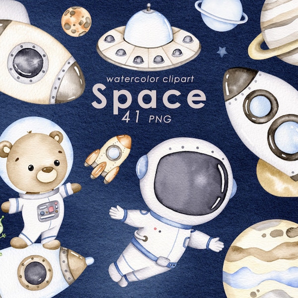 Space watercolor clipart, cute astronaut , planets clip art, rockets PNG, nursery decor