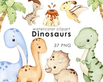 Dinosaurs watercolor clipart, dino clip art, dinosaur nursery decor, trex PNG