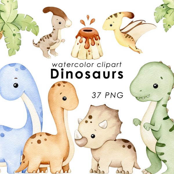 Dinosaurs watercolor clipart, dino clip art, dinosaur nursery decor, trex PNG