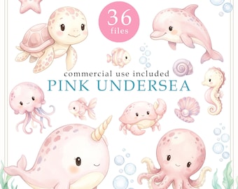 Pink Undersea Clipart, Ocean Animals PNG, Nursery Decor (Digital Download)