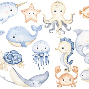 Undersea watercolor clipart, nursery decor, baby wall art, octopus, jellyfish, whale, cute ocean animals png, baby shower image 2