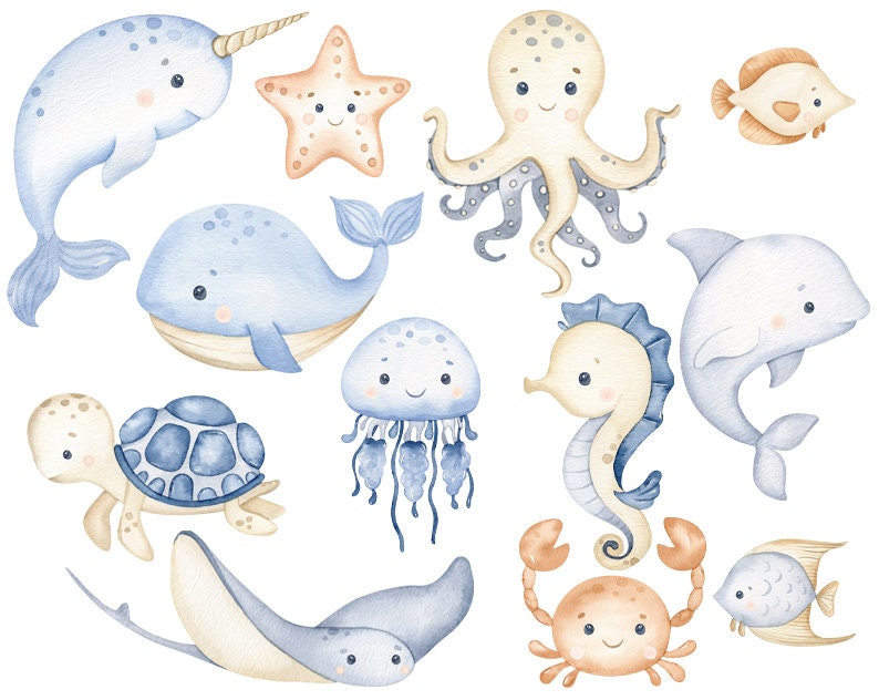 Clipart de acuarela submarina, decoración infantil, arte mural para bebés, pulpo, medusa, ballena, lindos animales marinos png, baby shower imagen 2