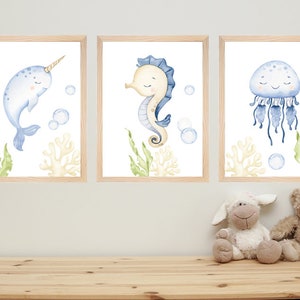 Clipart de acuarela submarina, decoración infantil, arte mural para bebés, pulpo, medusa, ballena, lindos animales marinos png, baby shower imagen 7