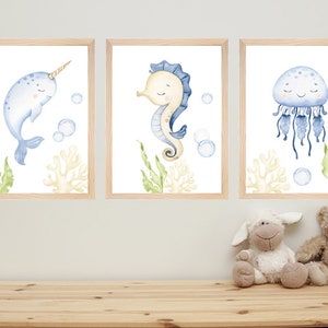 Undersea watercolor clipart, nursery decor, baby wall art, octopus, jellyfish, whale, cute ocean animals png, baby shower image 7