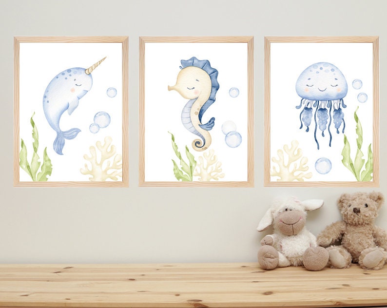 Clipart de acuarela submarina, decoración infantil, arte mural para bebés, pulpo, medusa, ballena, lindos animales marinos png, baby shower imagen 7