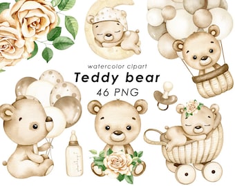 Teddy Bear Watercolor Clipart, Neutral Nursery Decor (46 PNG)