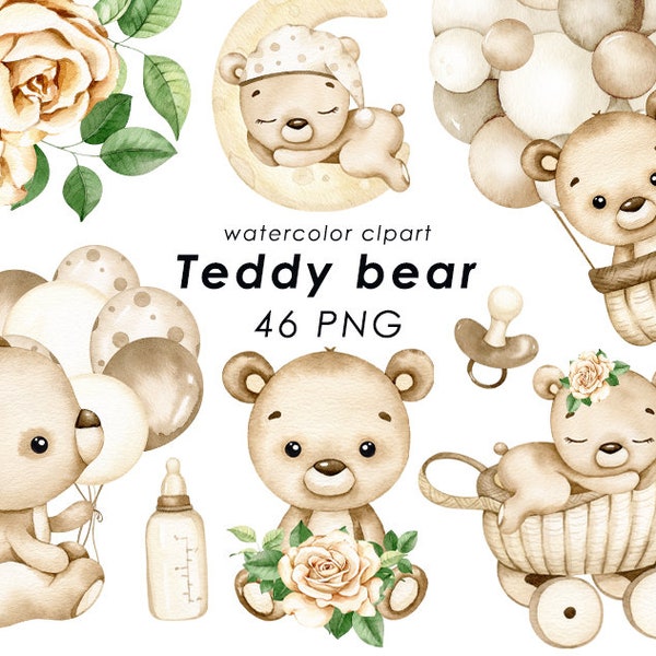 Teddy bear watercolor clipart, cute bear clip art, neutral nursery decor, baby shower, new born PNG