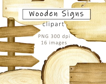 Watercolor wooden sings clipart, instant download, hand painted digital art