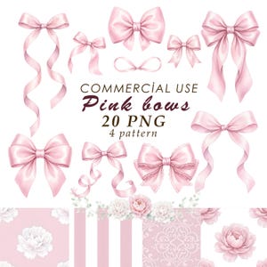 Puede incluir: Una colección digital de lazos de color rosa claro y patrones florales con varios estilos de cinta, incluyendo extremos largos y bordes de encaje, con el texto COMMERCIAL USE Pink bows 20 PNG 4 pattern.