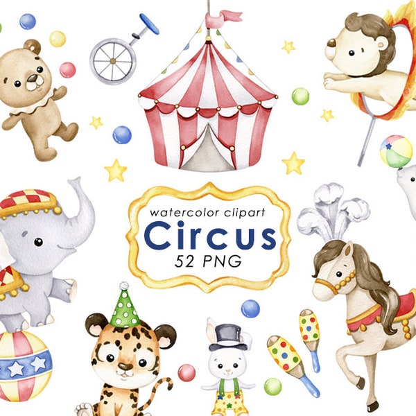 Circus watercolor clipart, cute animals clip art, nursery decor, circus party tent, printable circus