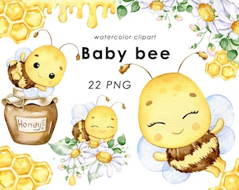 Bee watercolor clipart, baby bee clip art, nursery decor, baby shower, baby wall art