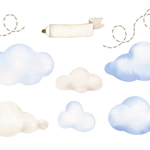 Puede incluir: Ilustraci&oacute;n de acuarela de nubes en tonos azules y beige. Las nubes son de varias formas y tama&ntilde;os. Tambi&eacute;n hay dos l&iacute;neas discontinuas que parecen rastros.