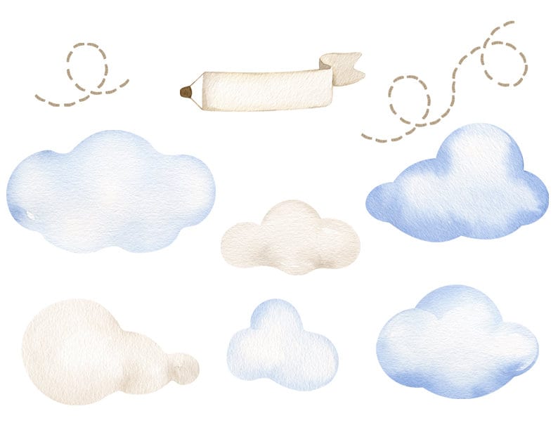 Puede incluir: Ilustraci&oacute;n de acuarela de nubes en tonos azules y beige. Las nubes son de varias formas y tama&ntilde;os. Tambi&eacute;n hay dos l&iacute;neas discontinuas que parecen rastros.