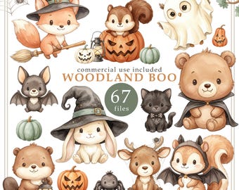 Watercolor Woodland Halloween Clipart, Spooky Baby Animals, Nursery Decor (Digital Download)